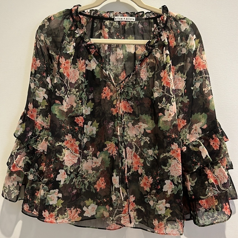 Alice + Olivia Kallie Ruffle-Sleeve Floral Cropped Blouse Size XS - Picture 4 of 8